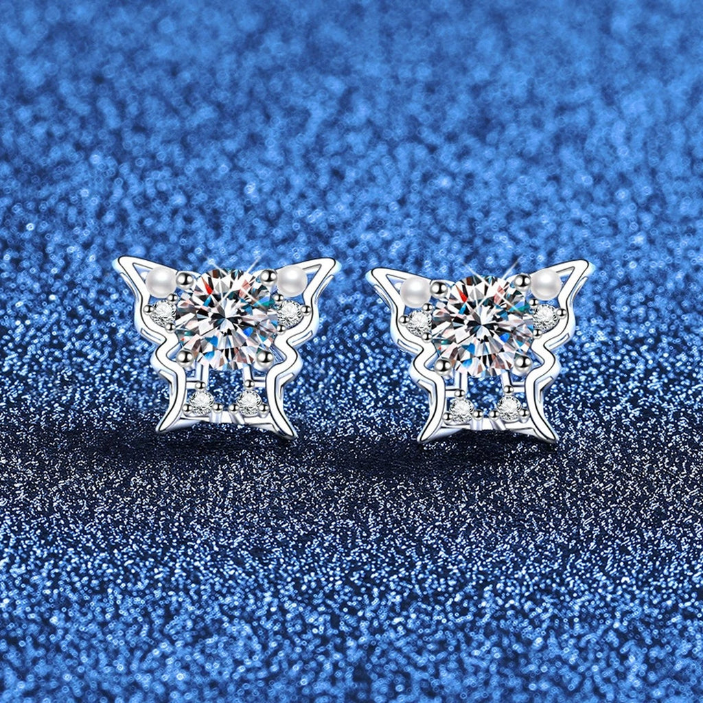 Bow Moissanite Stud Earrings with CZ in White Gold-Plated S925 Sterling Silver blue scene product view