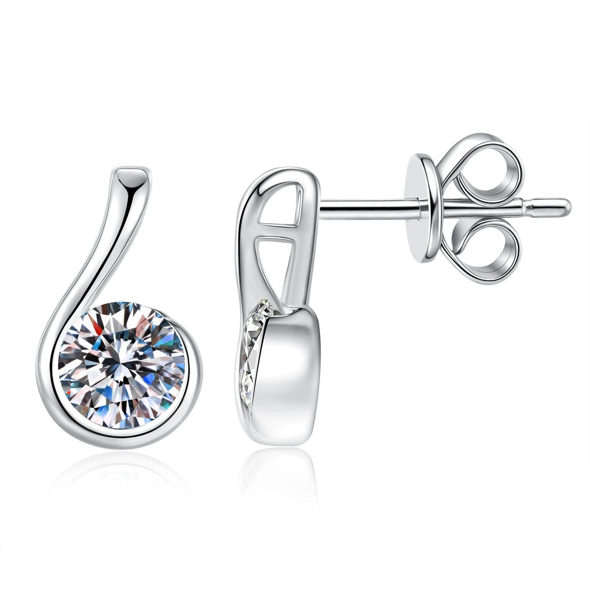 Curved Teardrop Moissanite Stud Earrings in White Gold-Plated S925 Sterling Silver on clean white background showing a curved teardrop stud holding a round moissanite stone