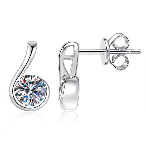 Curved Teardrop Moissanite Stud Earrings in White Gold-Plated S925 Sterling Silver on clean white background showing a curved teardrop stud holding a round moissanite stone
