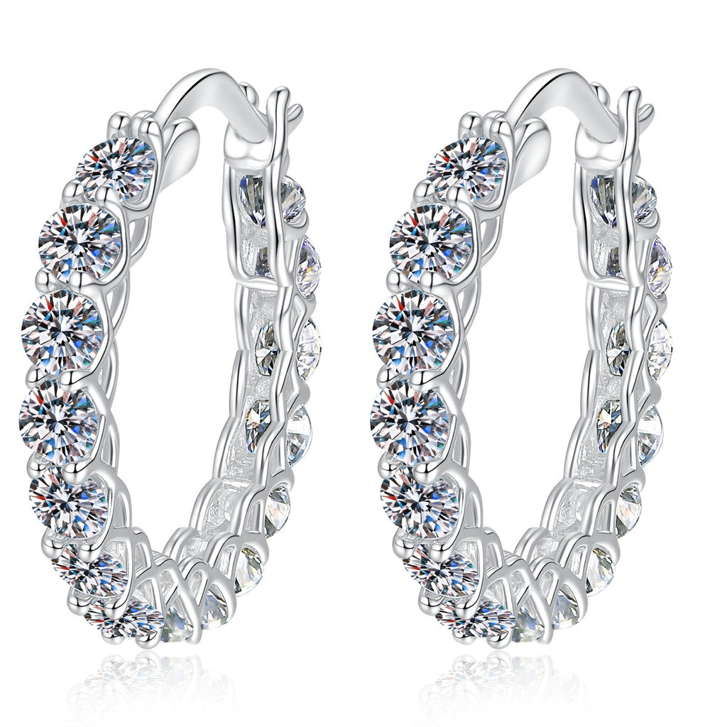 Large Pave Moissanite Hoop Earrings in White Gold-Plated S925 Sterling Silver on clean white background showing a larger hoop with layered pave moissanite sparkle