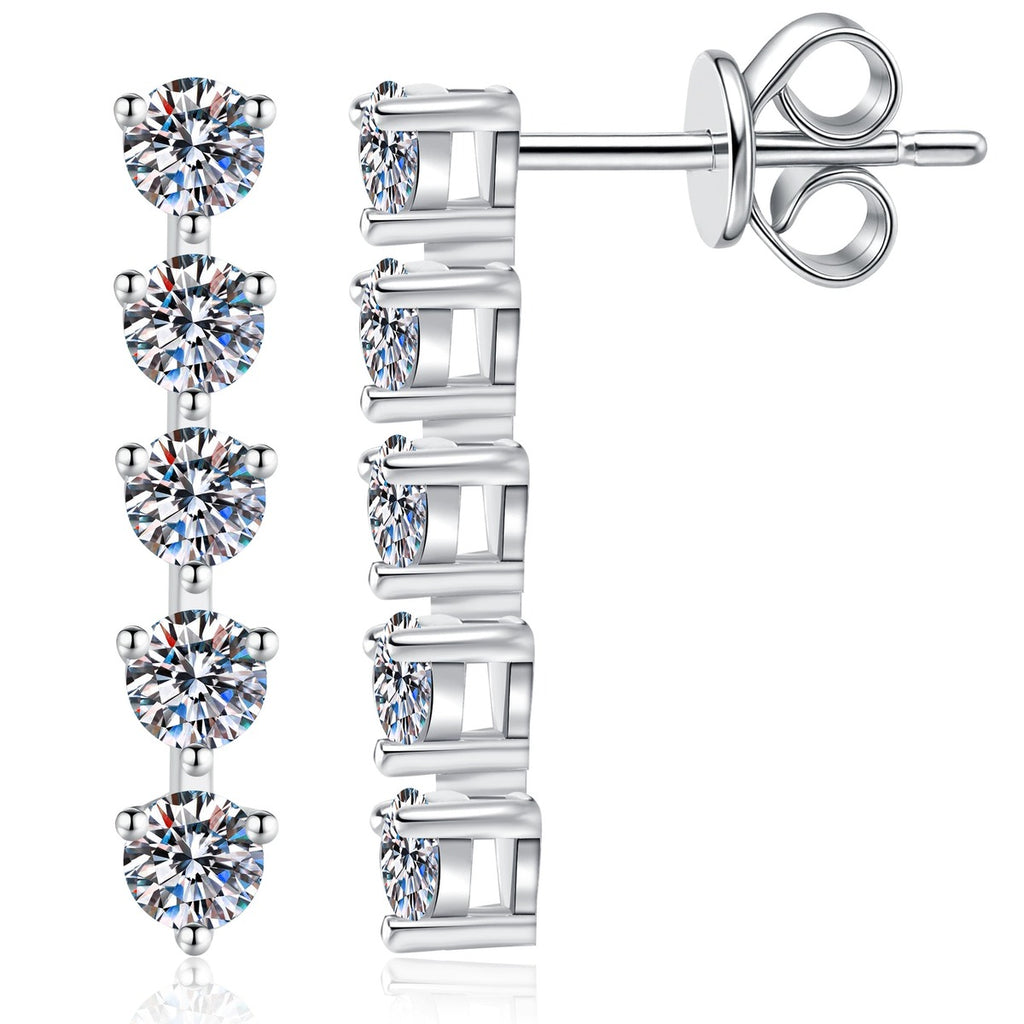 Five-Stone Moissanite Drop Earrings in White Gold-Plated S925 Sterling Silver on clean white background showing a vertical five-stone drop line with round moissanite stones