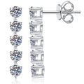 Five-Stone Moissanite Drop Earrings in White Gold-Plated S925 Sterling Silver on clean white background showing a vertical five-stone drop line with round moissanite stones