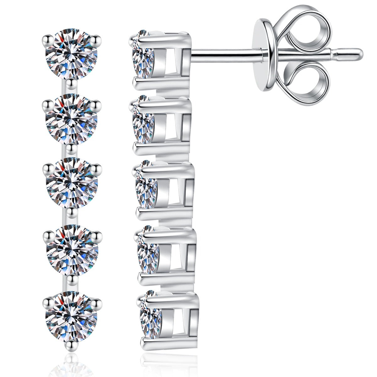 Five-Stone Moissanite Drop Earrings in White Gold-Plated S925 Sterling Silver on clean white background showing a vertical five-stone drop line with round moissanite stones