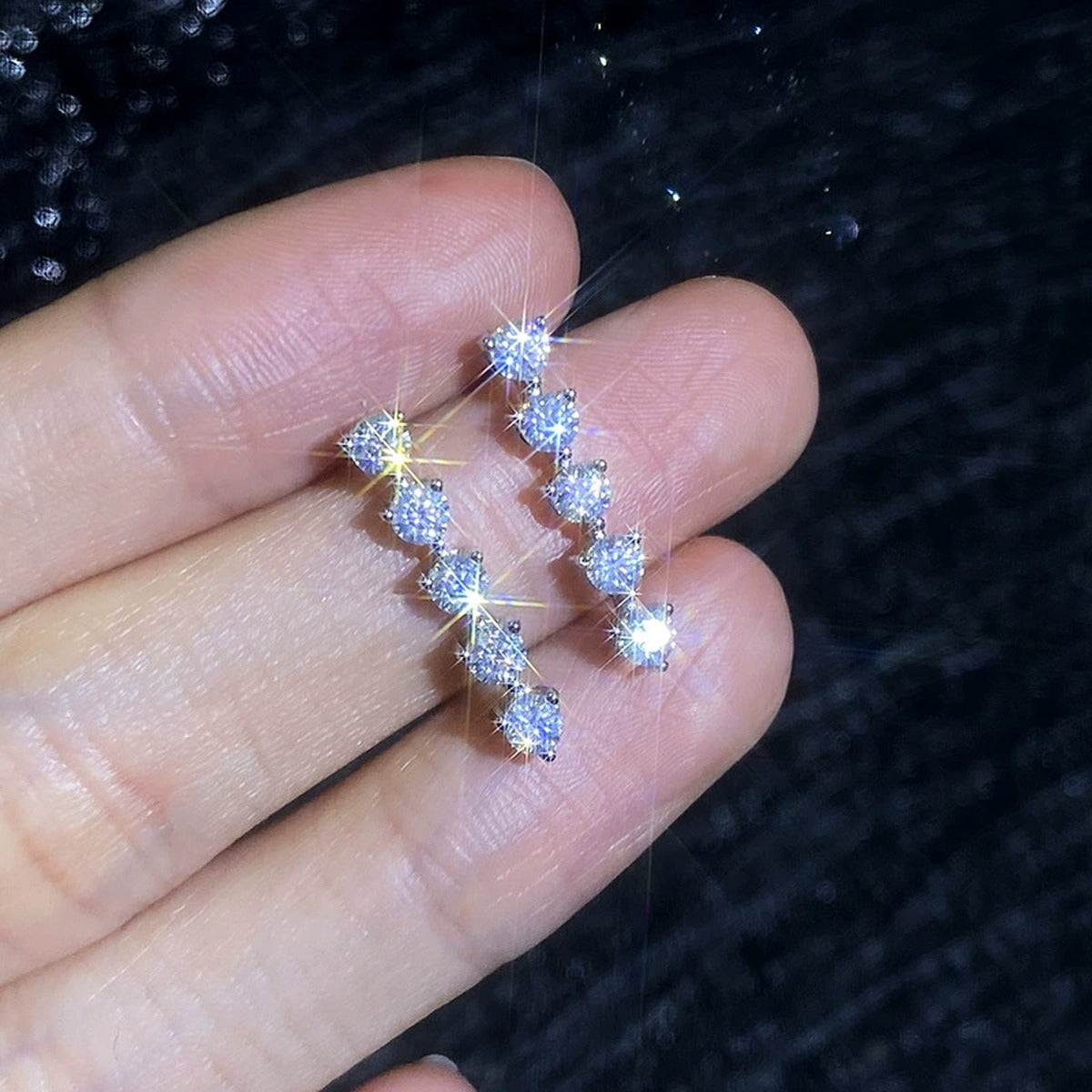Five-Stone Moissanite Drop Earrings in White Gold-Plated S925 Sterling Silver close-up product detail view
