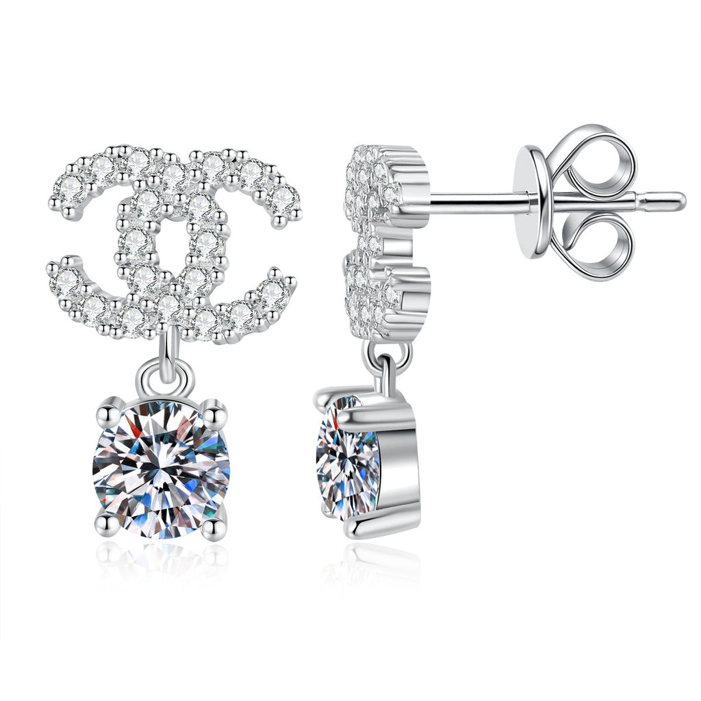 Ribbon Drop Moissanite Stud Earrings with CZ in White Gold-Plated S925 Sterling Silver on clean white background showing a ribbon-like stud with a dangling round moissanite stone