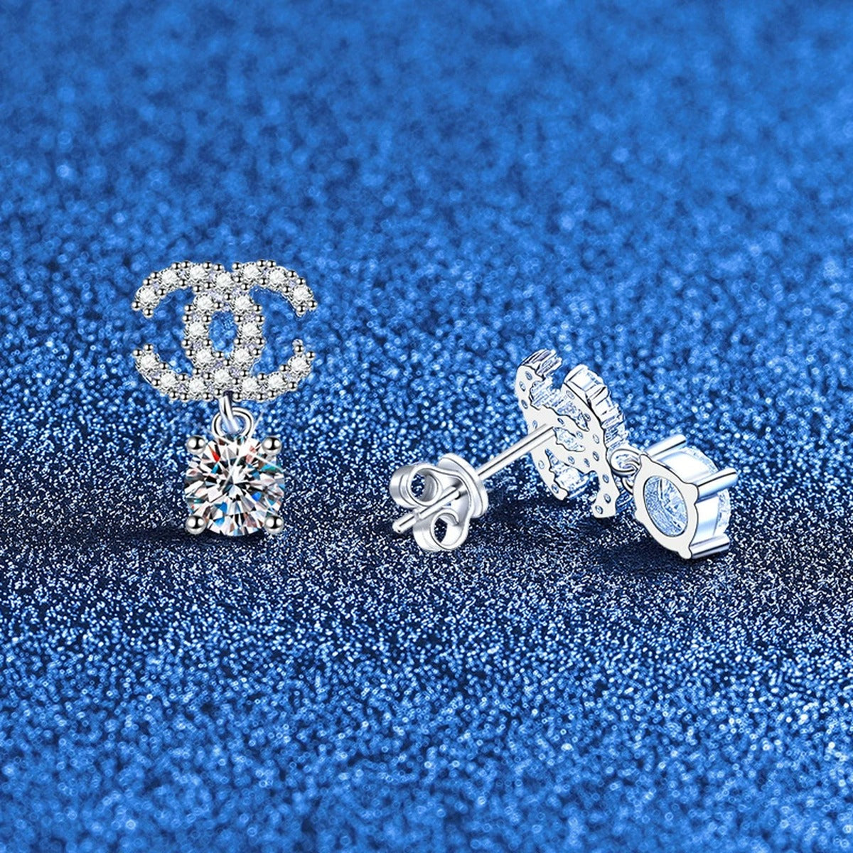 Ribbon Drop Moissanite Stud Earrings with CZ in White Gold-Plated S925 Sterling Silver blue scene product view