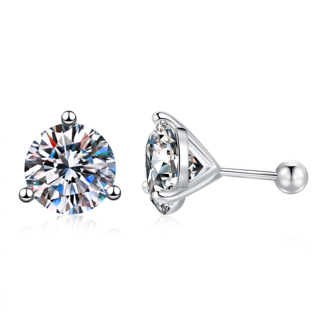 Round Moissanite Stud Earrings in White Gold-Plated S925 Sterling Silver on clean white background showing a classic round moissanite stud with selectable backing styles