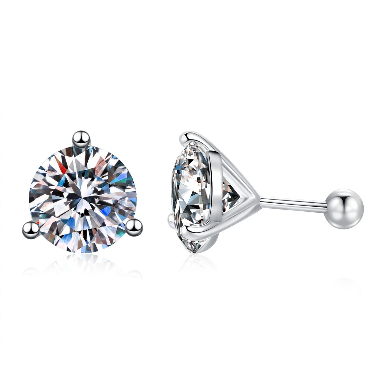 Round Moissanite Stud Earrings in White Gold-Plated S925 Sterling Silver on clean white background showing a classic round moissanite stud with selectable backing styles