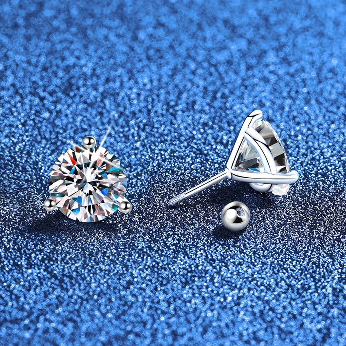 Round Moissanite Stud Earrings in White Gold-Plated S925 Sterling Silver blue scene product view