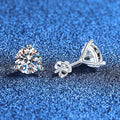 Round Moissanite Stud Earrings in White Gold-Plated S925 Sterling Silver blue scene close-up view