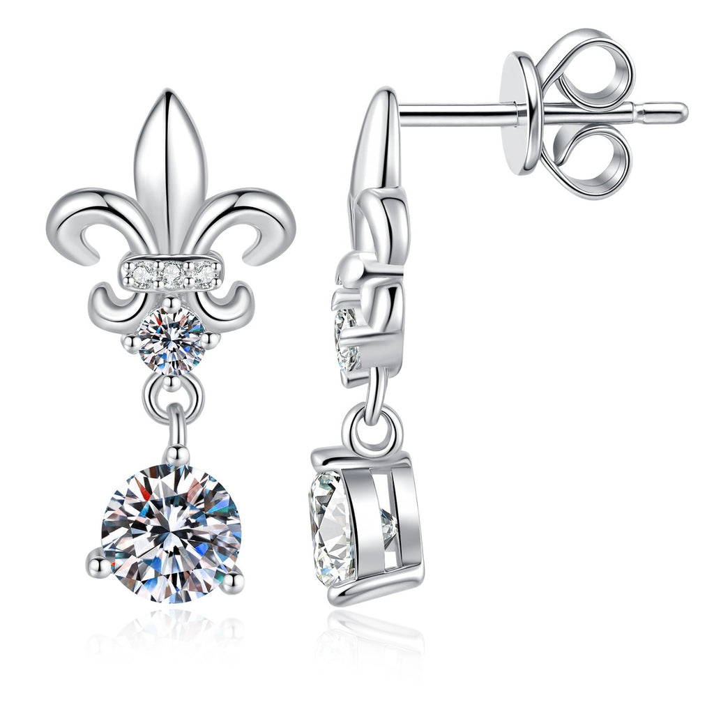 Fleur-De-Lis Moissanite Drop Earrings with CZ in White Gold-Plated S925 Sterling Silver on clean white background showing a fleur-de-lis drop design with a round moissanite dangle