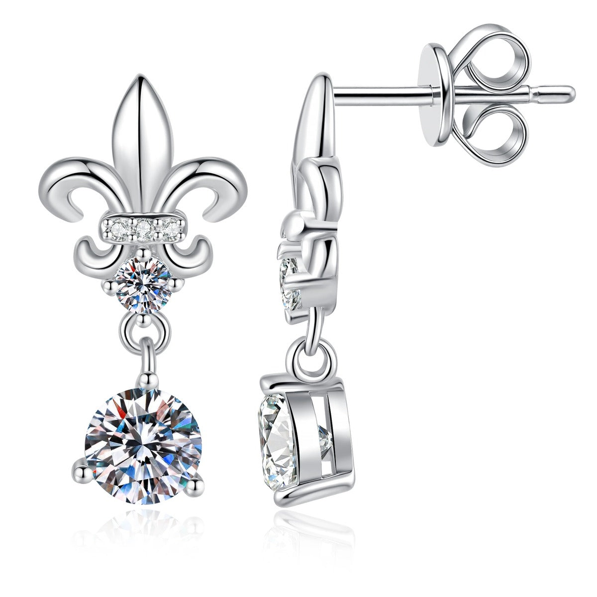 Fleur-De-Lis Moissanite Drop Earrings with CZ in White Gold-Plated S925 Sterling Silver on clean white background showing a fleur-de-lis drop design with a round moissanite dangle