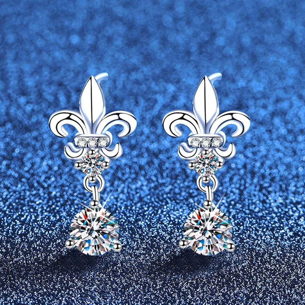 Fleur-De-Lis Moissanite Drop Earrings with CZ in White Gold-Plated S925 Sterling Silver blue scene product view