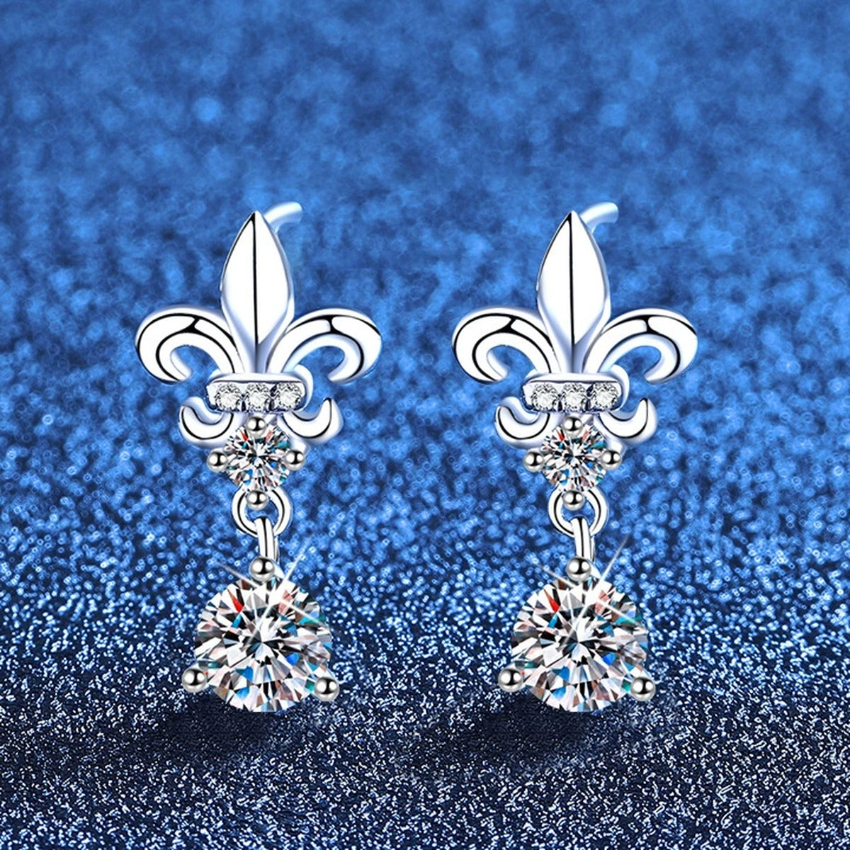 Fleur-De-Lis Moissanite Drop Earrings with CZ in White Gold-Plated S925 Sterling Silver blue scene product view