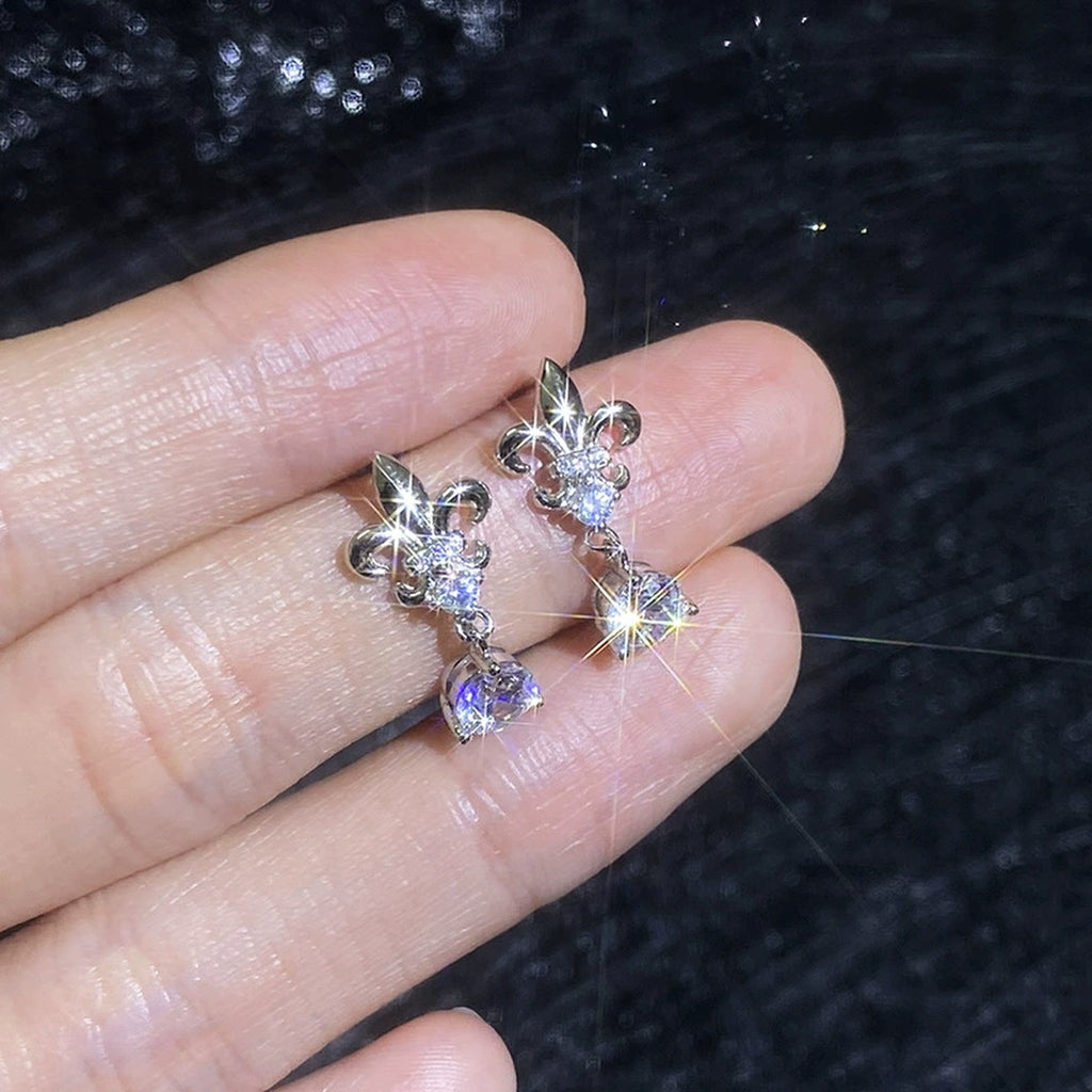 Fleur-De-Lis Moissanite Drop Earrings with CZ in White Gold-Plated S925 Sterling Silver close-up product detail view