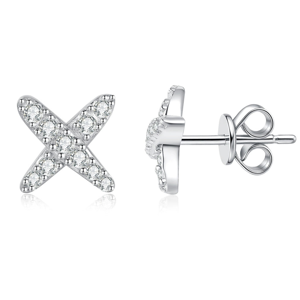 Cross Moissanite Stud Earrings in White Gold-Plated S925 Sterling Silver on clean white background showing a small cross-shaped stud with pave moissanite sparkle