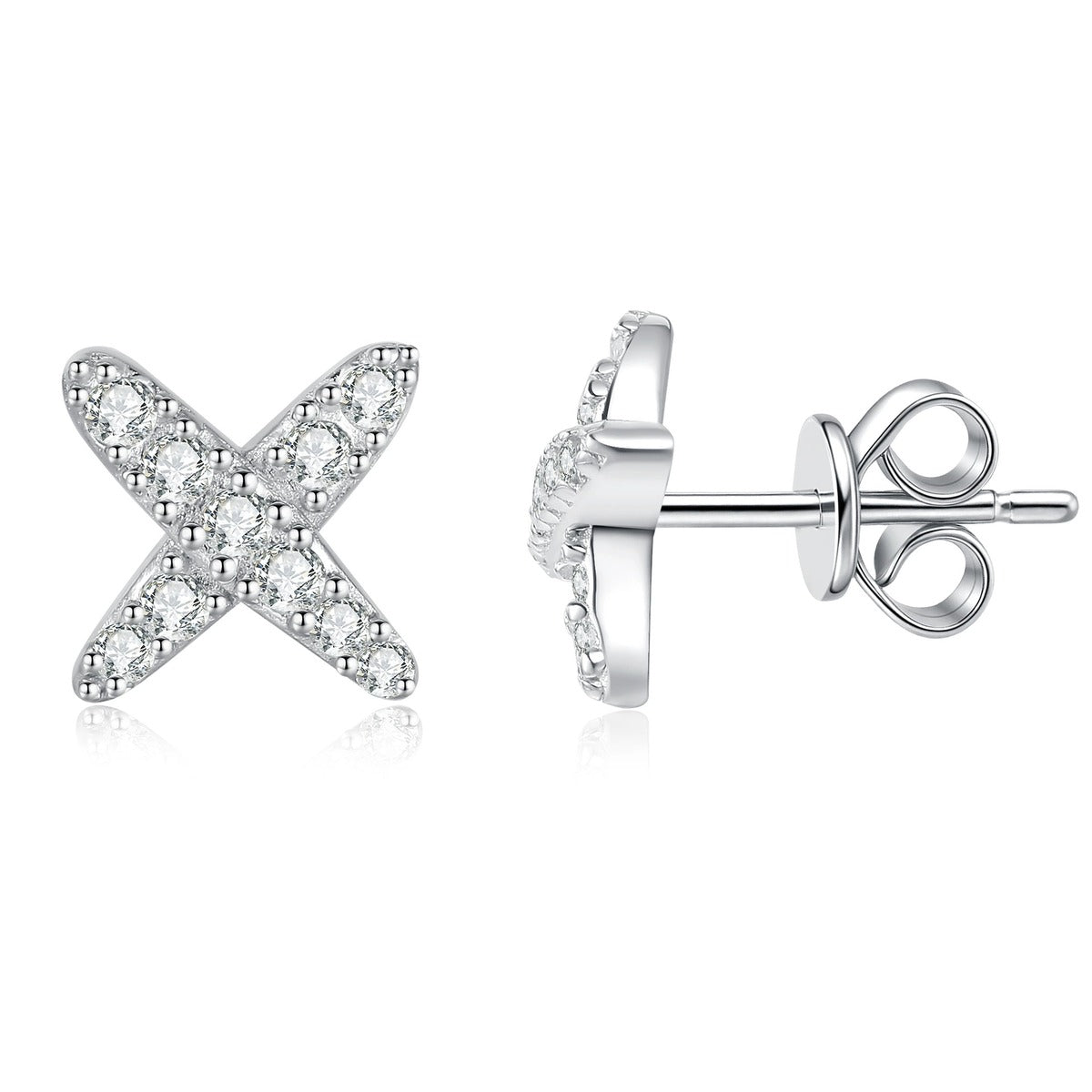 Cross Moissanite Stud Earrings in White Gold-Plated S925 Sterling Silver on clean white background showing a small cross-shaped stud with pave moissanite sparkle