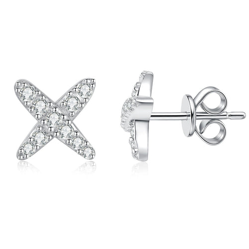 Cross Moissanite Stud Earrings in White Gold-Plated S925 Sterling Silver on clean white background showing a small cross-shaped stud with pave moissanite sparkle