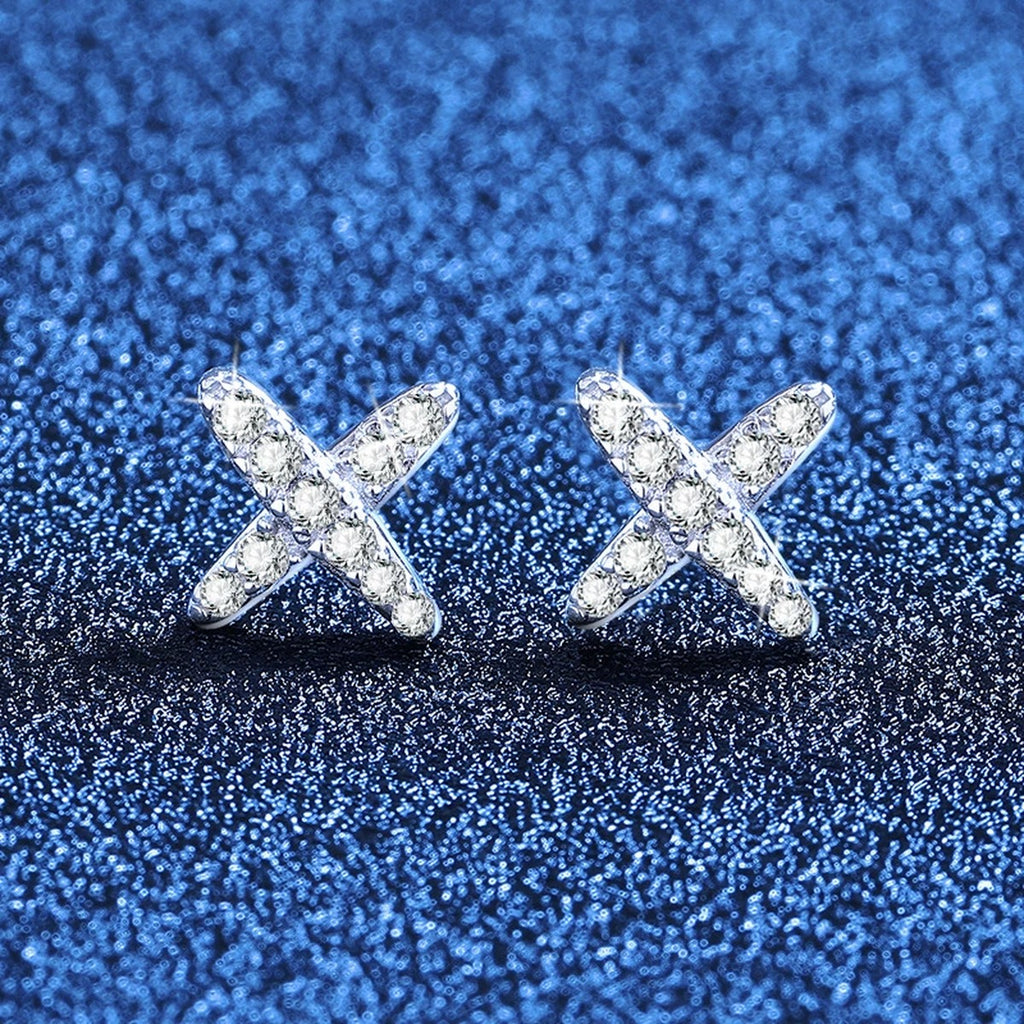 Cross Moissanite Stud Earrings in White Gold-Plated S925 Sterling Silver blue scene product view