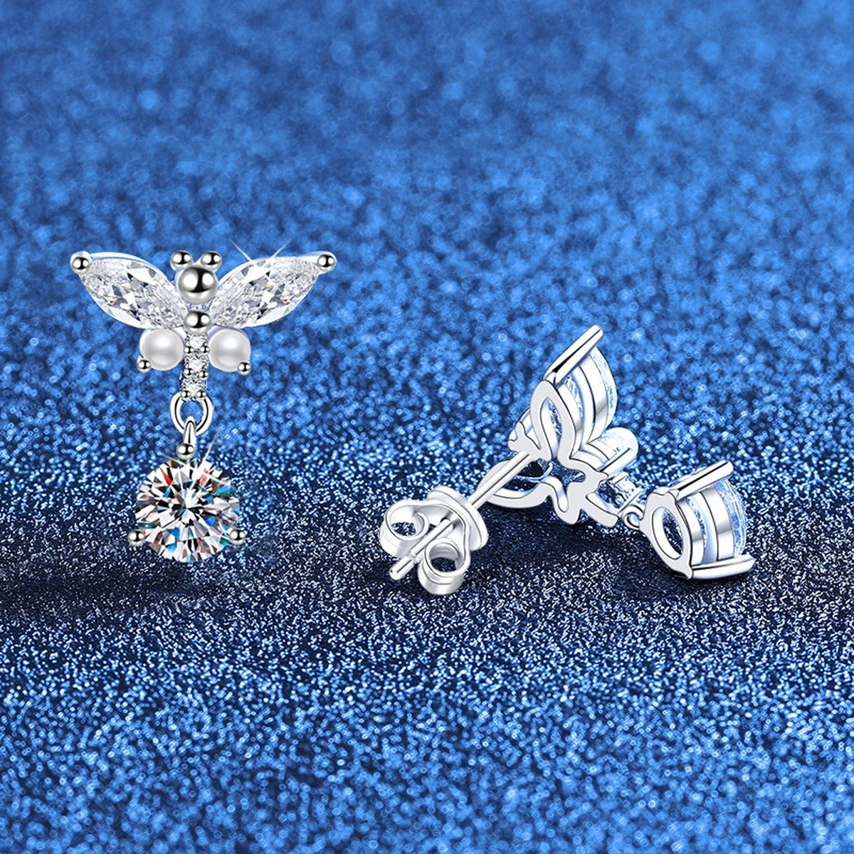 Bow Drop Moissanite Earrings with CZ in White Gold-Plated S925 Sterling Silver blue scene product view