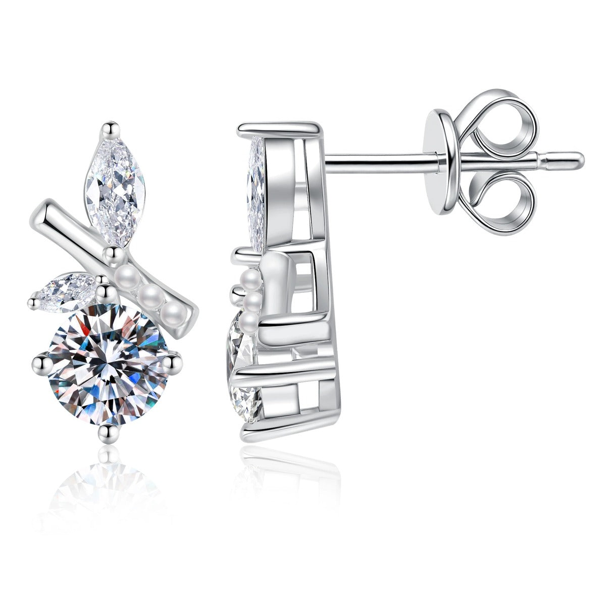 Leaf Accent Moissanite Stud Earrings with CZ in White Gold-Plated S925 Sterling Silver on clean white background showing a leafy accent stud with a round moissanite center