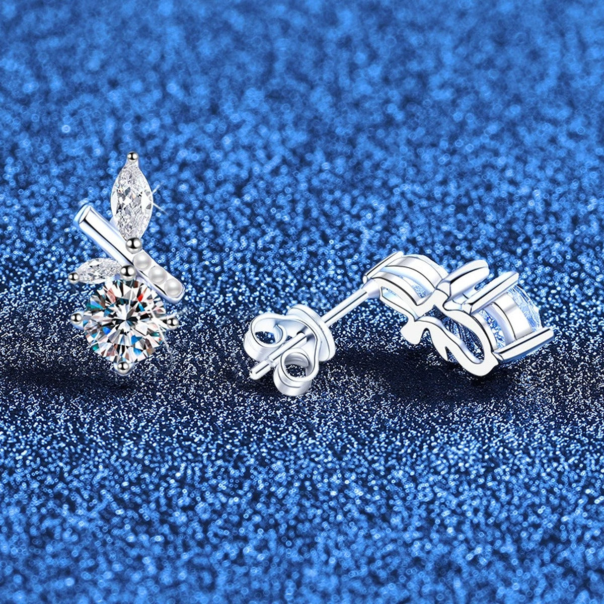 Leaf Accent Moissanite Stud Earrings with CZ in White Gold-Plated S925 Sterling Silver blue scene product view