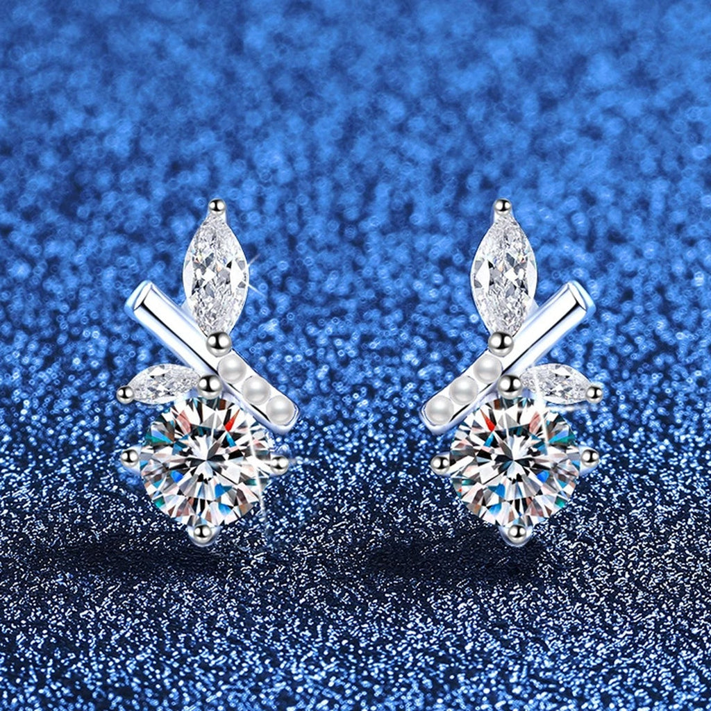 Leaf Accent Moissanite Stud Earrings with CZ in White Gold-Plated S925 Sterling Silver blue scene angled view