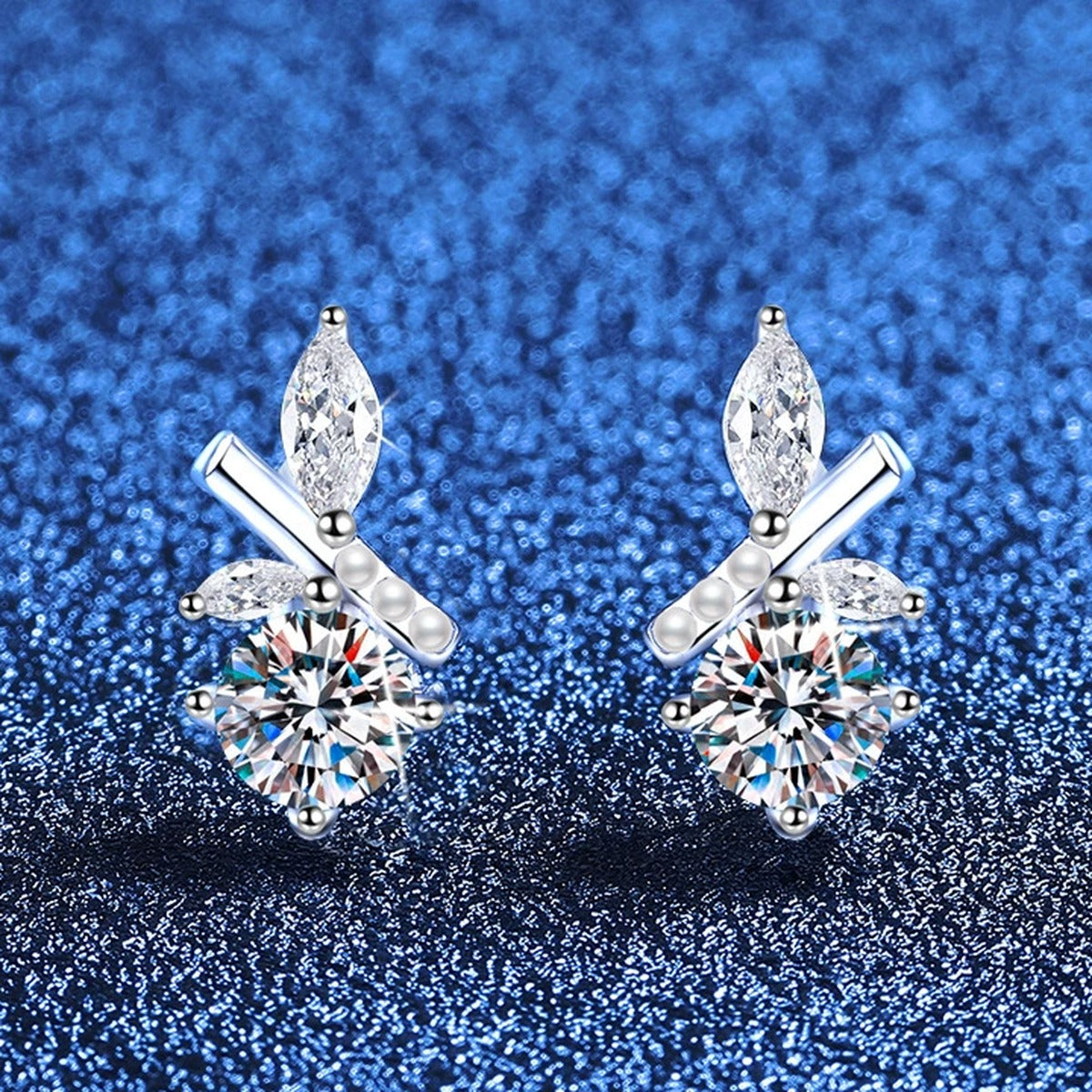 Leaf Accent Moissanite Stud Earrings with CZ in White Gold-Plated S925 Sterling Silver blue scene angled view