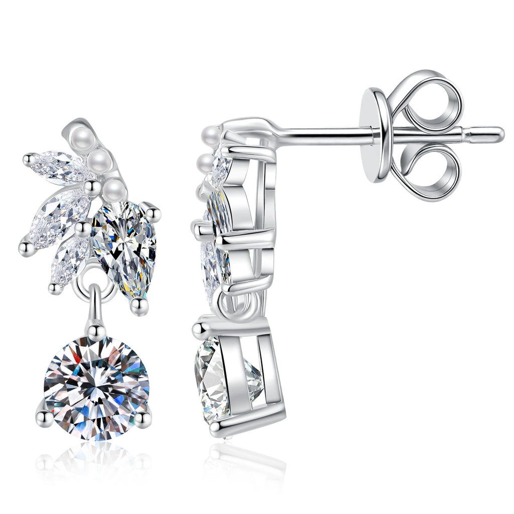 Leaf Drop Moissanite Earrings with CZ in White Gold-Plated S925 Sterling Silver on clean white background showing a leafy cluster drop design with round moissanite stones