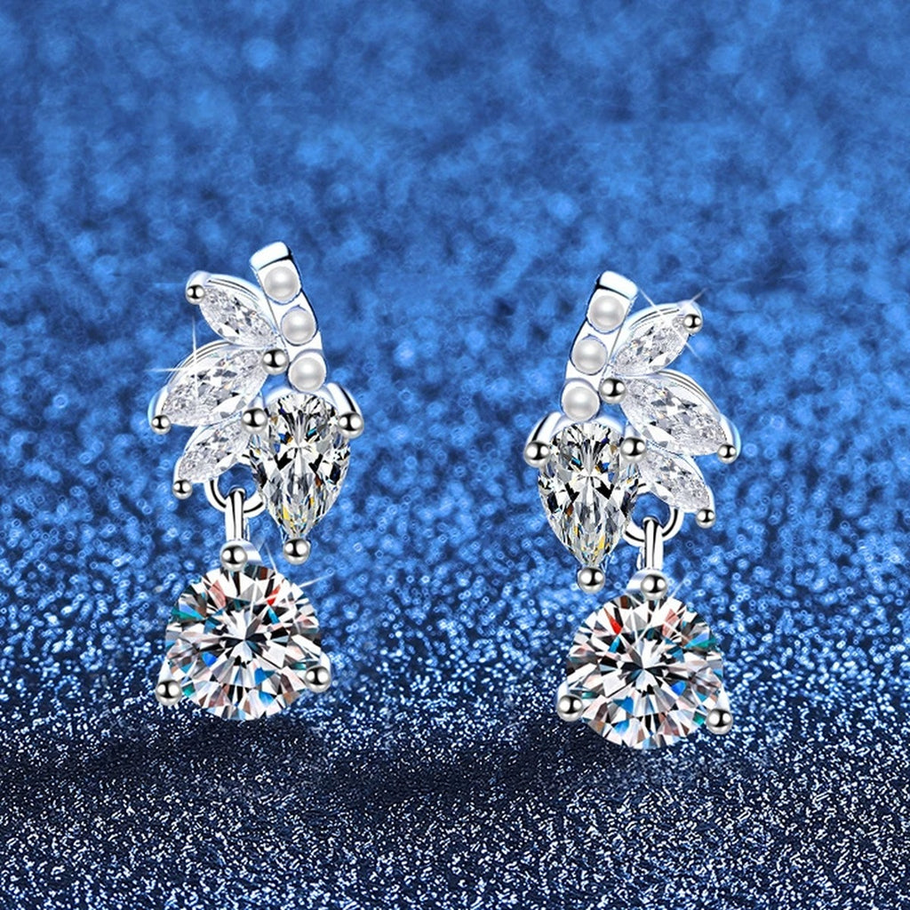 Leaf Drop Moissanite Earrings with CZ in White Gold-Plated S925 Sterling Silver blue scene product view
