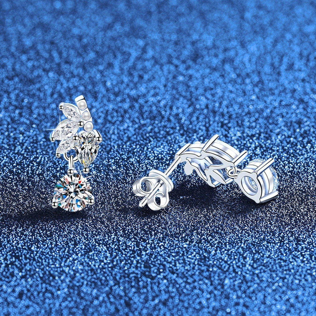 Leaf Drop Moissanite Earrings with CZ in White Gold-Plated S925 Sterling Silver blue scene angled view