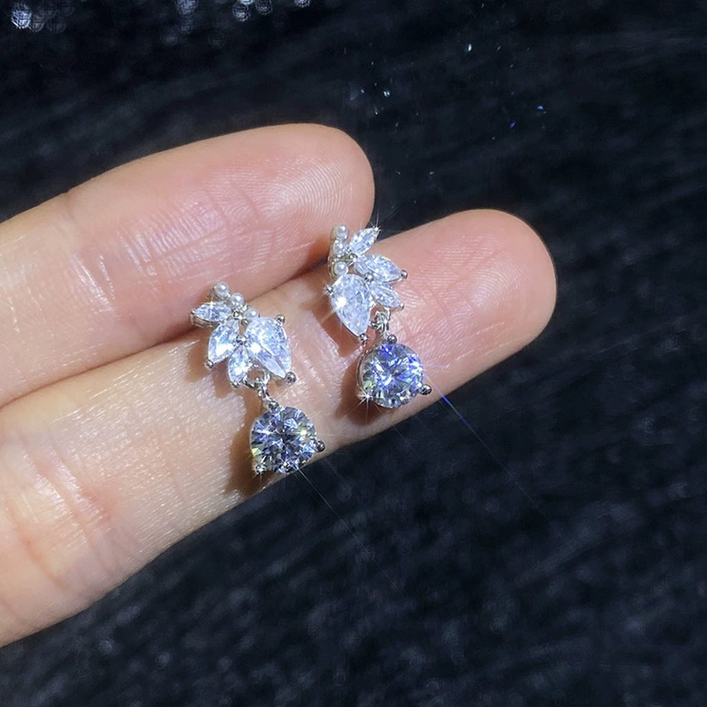 Leaf Drop Moissanite Earrings with CZ in White Gold-Plated S925 Sterling Silver close-up product detail view