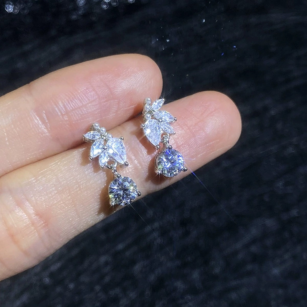 Leaf Drop Moissanite Earrings with CZ in White Gold-Plated S925 Sterling Silver close-up product detail view