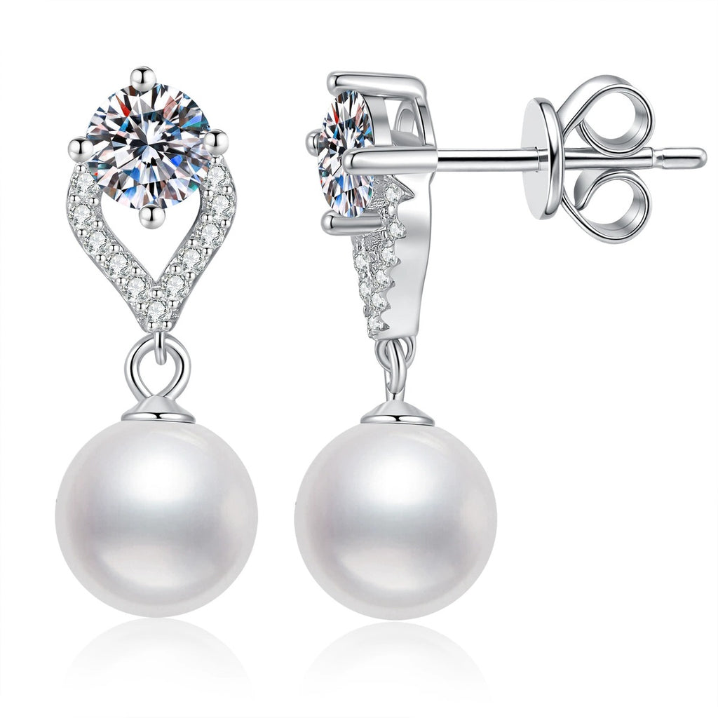 Pearl Teardrop Moissanite Earrings with CZ in White Gold-Plated S925 Sterling Silver on clean white background showing a teardrop moissanite top with a round pearl drop