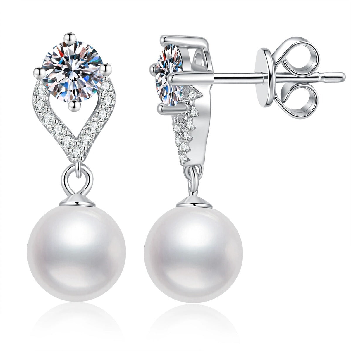 Pearl Teardrop Moissanite Earrings with CZ in White Gold-Plated S925 Sterling Silver on clean white background showing a teardrop moissanite top with a round pearl drop
