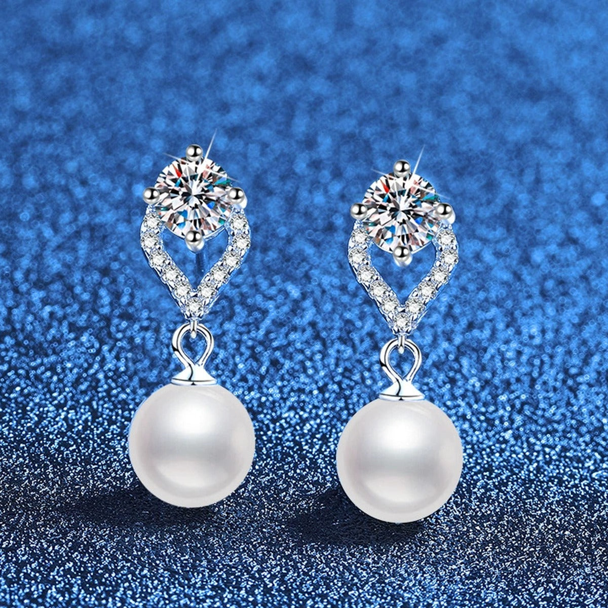 Pearl Teardrop Moissanite Earrings with CZ in White Gold-Plated S925 Sterling Silver blue scene product view