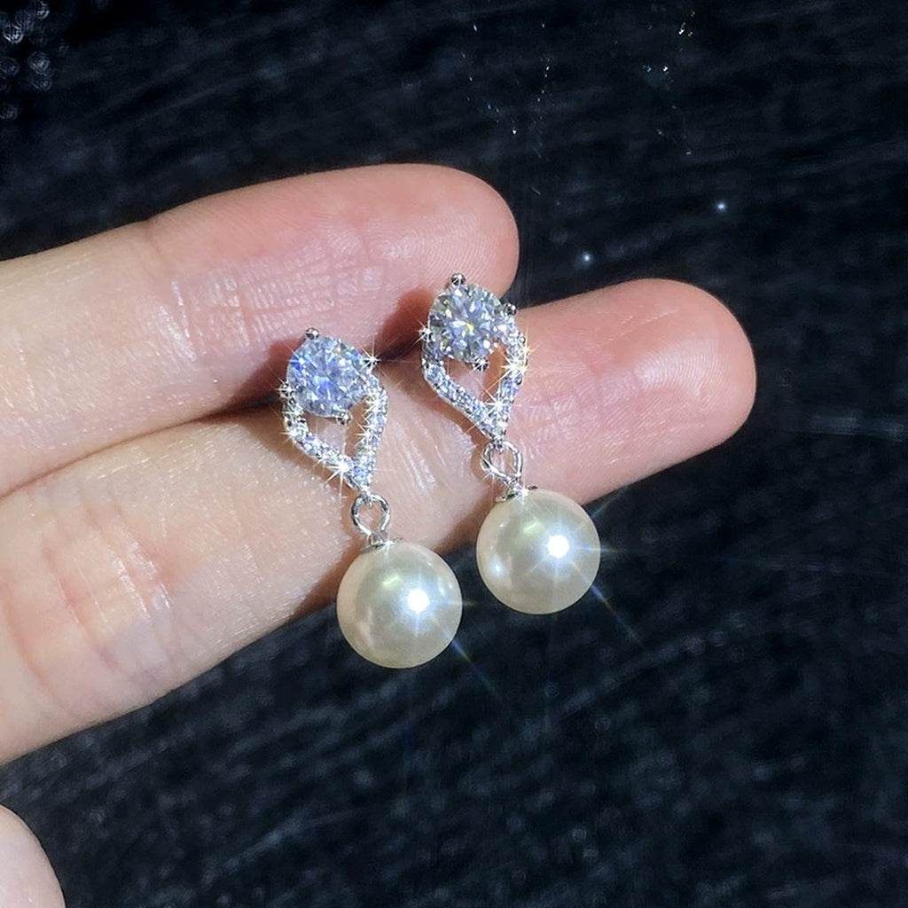 Pearl Teardrop Moissanite Earrings with CZ in White Gold-Plated S925 Sterling Silver close-up product detail view