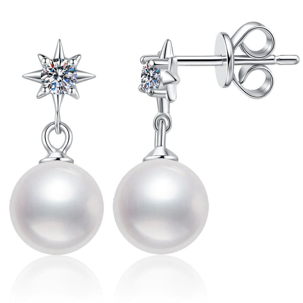 Star Pearl Moissanite Drop Earrings in White Gold-Plated S925 Sterling Silver on clean white background showing a starburst moissanite stud with a round pearl drop