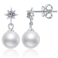 Star Pearl Moissanite Drop Earrings in White Gold-Plated S925 Sterling Silver on clean white background showing a starburst moissanite stud with a round pearl drop