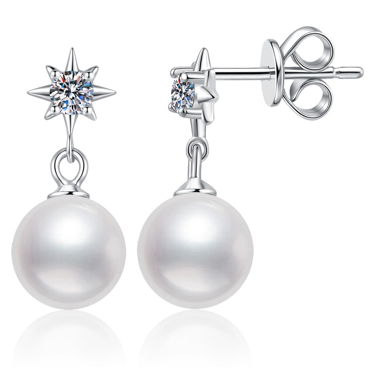 Star Pearl Moissanite Drop Earrings in White Gold-Plated S925 Sterling Silver on clean white background showing a starburst moissanite stud with a round pearl drop
