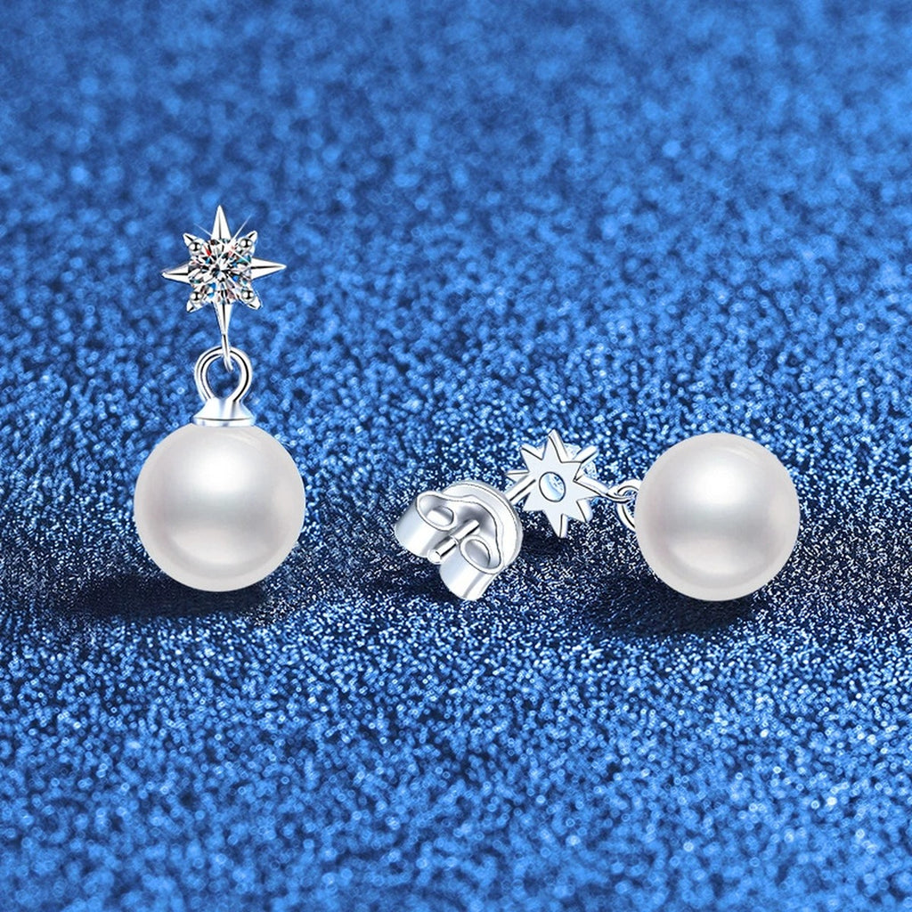 Star Pearl Moissanite Drop Earrings in White Gold-Plated S925 Sterling Silver blue scene product view