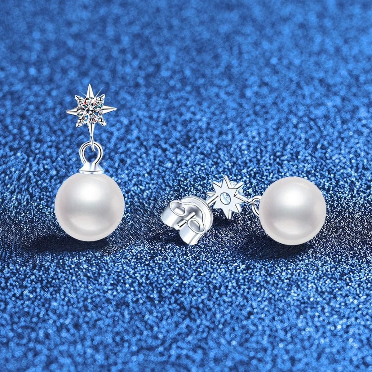 Star Pearl Moissanite Drop Earrings in White Gold-Plated S925 Sterling Silver blue scene product view