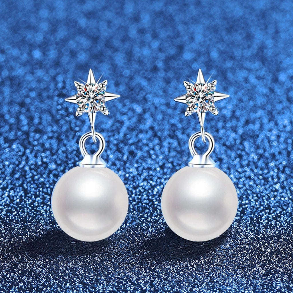 Star Pearl Moissanite Drop Earrings in White Gold-Plated S925 Sterling Silver blue scene angled view