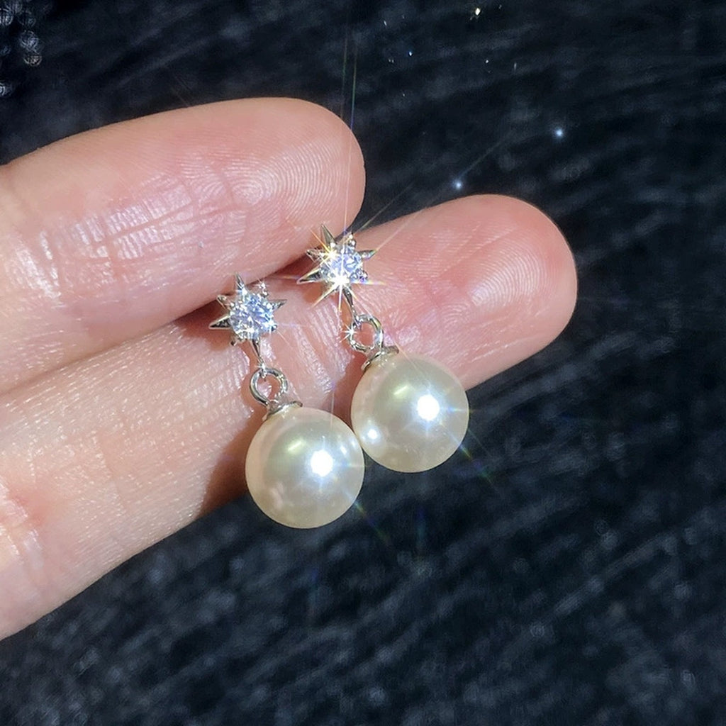 Star Pearl Moissanite Drop Earrings in White Gold-Plated S925 Sterling Silver close-up product detail view