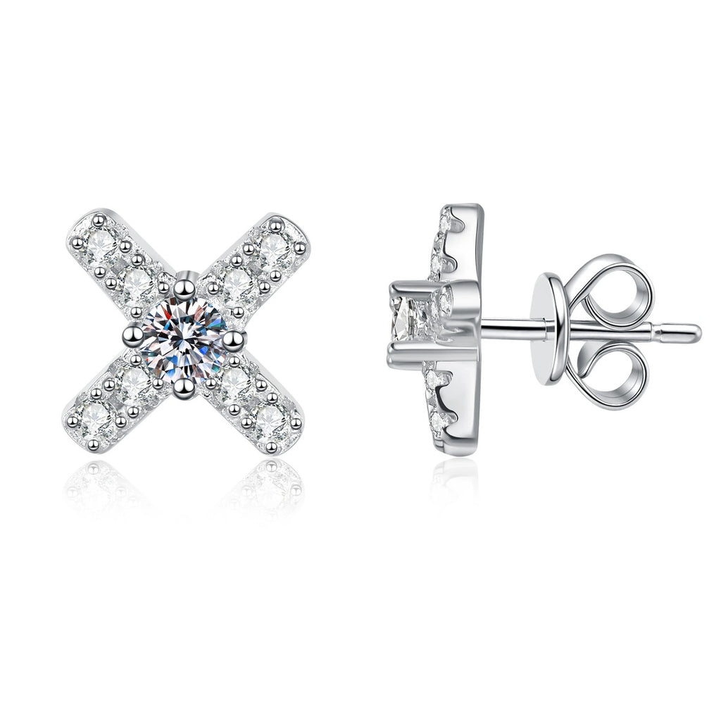 Cross Moissanite Stud Earrings with CZ in White Gold-Plated S925 Sterling Silver on clean white background showing a cross-shaped stud with a round moissanite center and CZ arms
