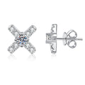 Cross Moissanite Stud Earrings with CZ in White Gold-Plated S925 Sterling Silver on clean white background showing a cross-shaped stud with a round moissanite center and CZ arms