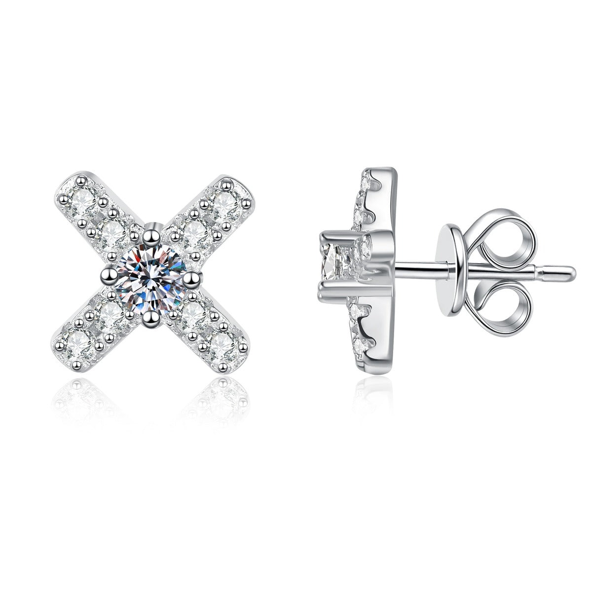 Cross Moissanite Stud Earrings with CZ in White Gold-Plated S925 Sterling Silver on clean white background showing a cross-shaped stud with a round moissanite center and CZ arms