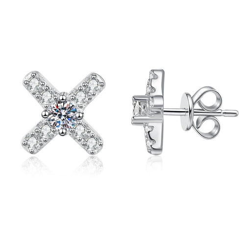 Cross Moissanite Stud Earrings with CZ in White Gold-Plated S925 Sterling Silver on clean white background showing a cross-shaped stud with a round moissanite center and CZ arms