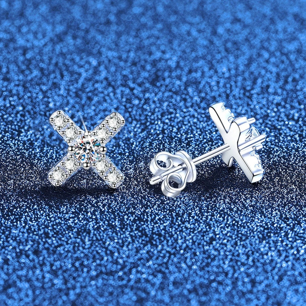 Cross Moissanite Stud Earrings with CZ in White Gold-Plated S925 Sterling Silver blue scene product view