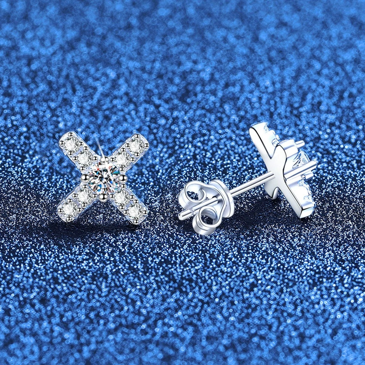 Cross Moissanite Stud Earrings with CZ in White Gold-Plated S925 Sterling Silver blue scene product view
